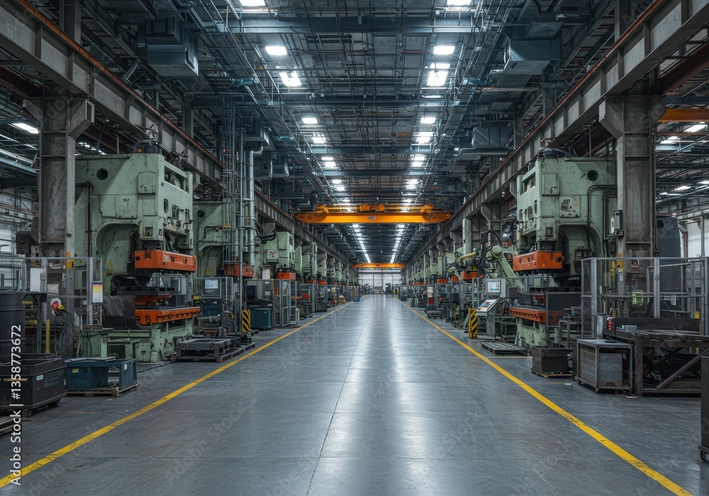 Industrial factory interior with large machinery and high ceilings Industrial factory interior with large machinery and high ceilings
