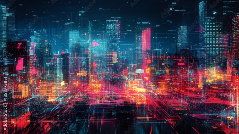 Striking retro-futuristic album cover design, featuring a sprawling wireframe landscape against a glowing neon-infused backdrop, with bold data visualizations and cyberpunk-inspired geometric Striking retro-futuristic album cover design, featuring a sprawling wireframe landscape against a glowing neon-infused backdrop, with bold data visualizations and cyberpunk-inspired geometric