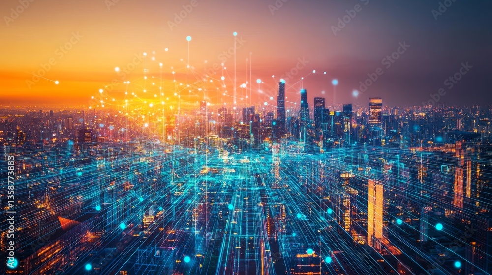 Fototapeta premium Sprawling cyber metropolis with dynamic holographic displays, luminescent technological structures, interconnected data streams forming a complex virtual ecosystem, sleek urban landscape of the future