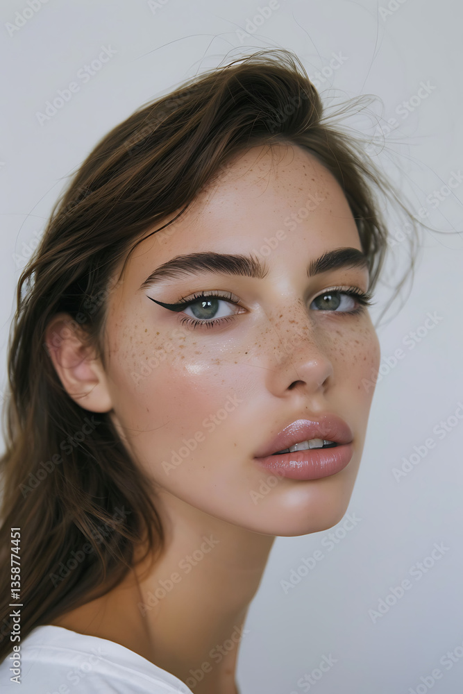 Naklejka premium Portrait of a Young Woman with Freckles and Green Eyes