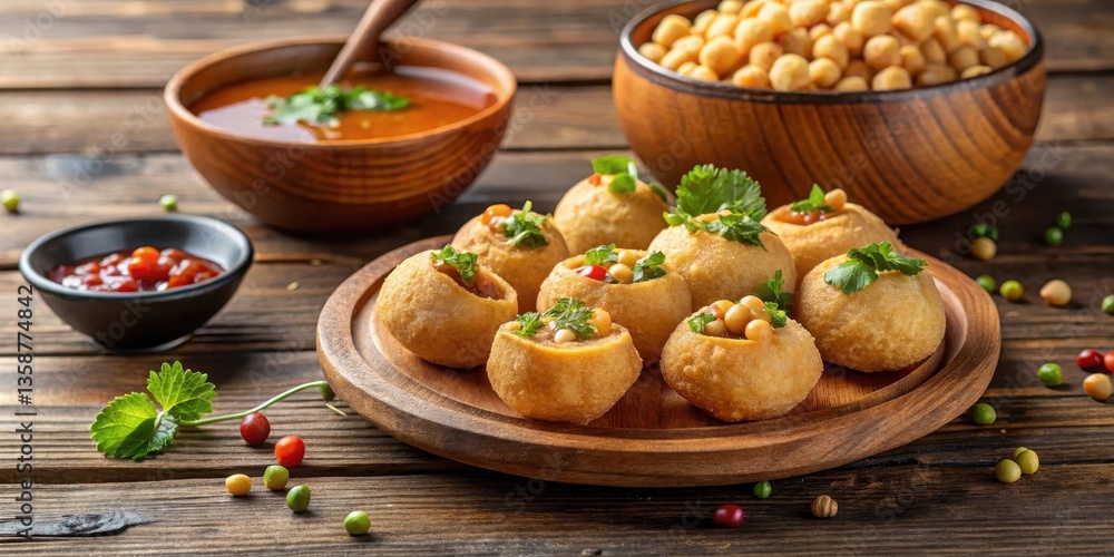 Pani Puri Filled with Chickpeas on Wooden Table, tamarind sauce, chickpea filling Pani Puri Filled with Chickpeas on Wooden Table, tamarind sauce, chickpea filling