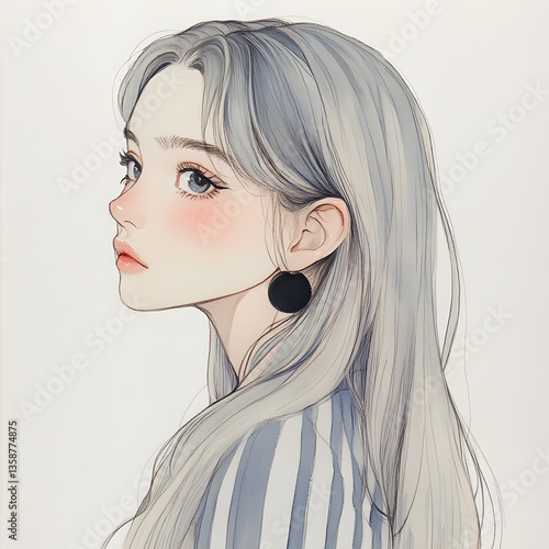 横顔の女性のイラスト。ナチュラルな美しさと落ち着いた雰囲気
