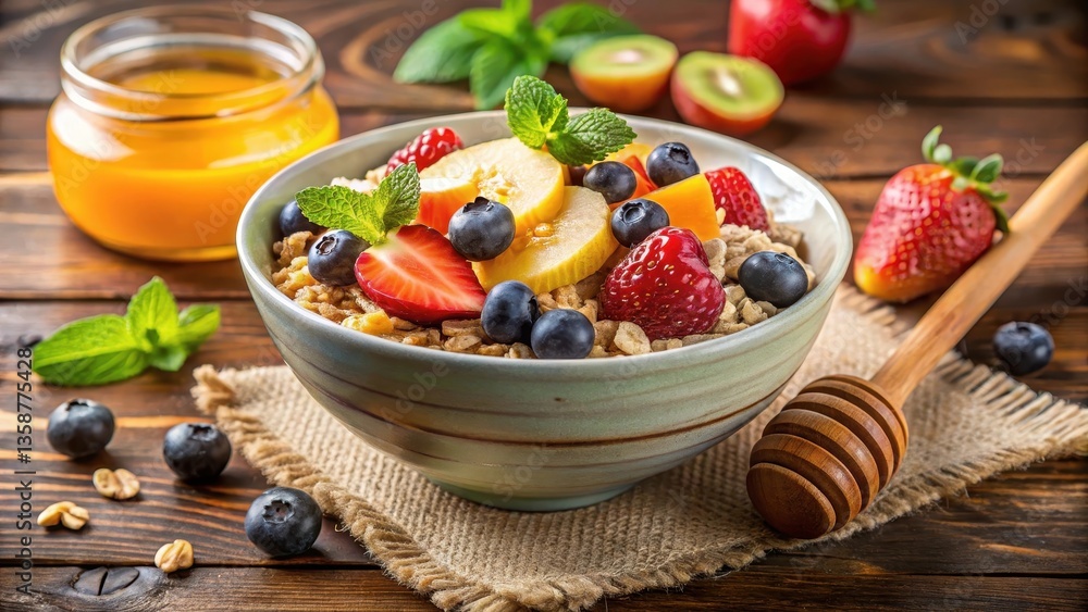 A bowl filled with rolled oats, topped with fresh fruit and a drizzle of honey in a natural setting A bowl filled with rolled oats, topped with fresh fruit and a drizzle of honey in a natural setting