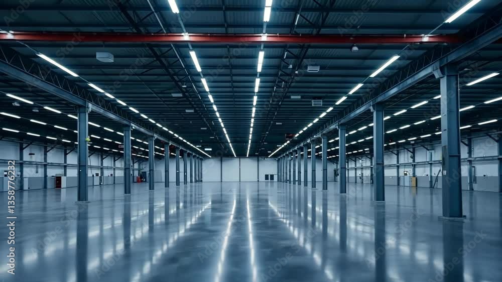 View of a large empty warehouse with rows of lights and support beams throughout the space