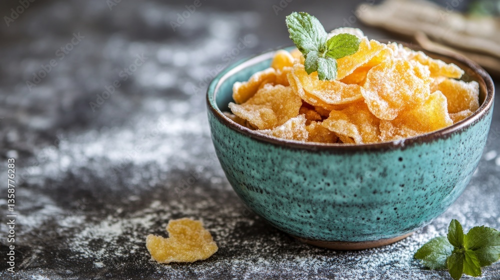 Crunchy Japanese Karinto Snacks with Sugar and Mint Garnish Crunchy Japanese Karinto Snacks with Sugar and Mint Garnish