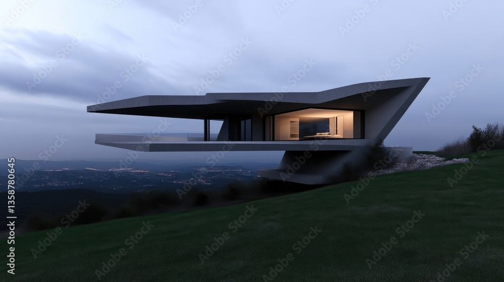 Modern, elevated home on a hillside, overlooking a valley at twilight. The design is contemporary and features angular concrete forms and a large terrace Modern, elevated home on a hillside, overlooking a valley at twilight. The design is contemporary and features angular concrete forms and a large terrace
