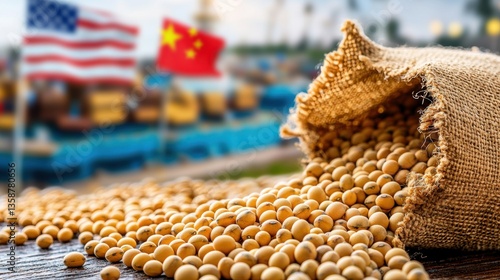 Soybeans spilling from a burlap sack with flags in background.