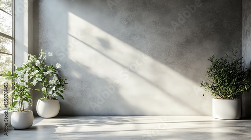 Sunlit Interior with Potted Plants Against a Textured Wall