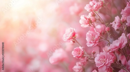 A Stunning Display of Delicate Pink Blossoms Bathed in Soft Sunlight, Creating a Serene and Dreamlike Atmosphere.