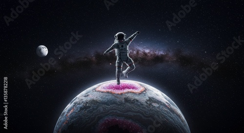 Astronaut Dancing on Amethyst Geode Planet Space Exploration Cosmic Ballet
