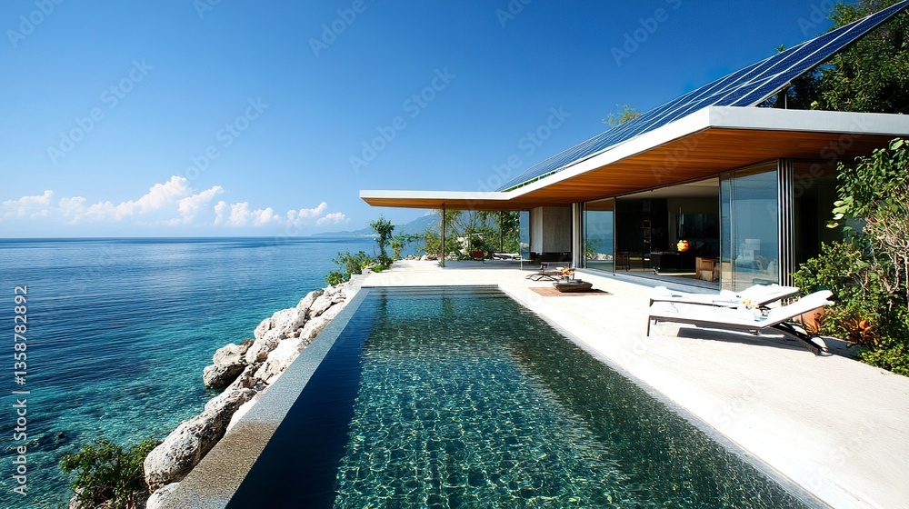 Fototapeta premium Luxury modern house featuring solar panels on the slanted roof minimalist architecture pool with crystal-clear water tranquil ambiance. 