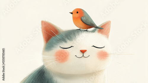 A cute cat with a bird on its head
