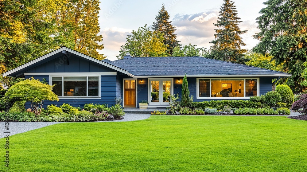 Modern blue ranch home with clean lines white accents on the windows and doors, and a lush front yard under soft natural light. Modern blue ranch home with clean lines white accents on the windows and doors, and a lush front yard under soft natural light.
