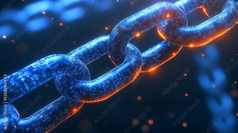 Glowing Digital Chain Links with Blue and Orange Glare Effects Glowing Digital Chain Links with Blue and Orange Glare Effects