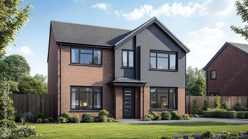 Modern detached new-build home with a sleek facade, neutral tones, large windows, and a well-manicured lawn under a clear blue sky. Modern detached new-build home with a sleek facade, neutral tones, large windows, and a well-manicured lawn under a clear blue sky.