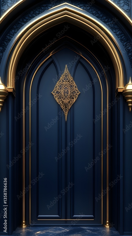 Naklejka premium Gothic arched door, gold detailing, dark blue, palace entry