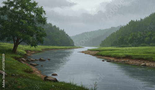 Illustration of a river landscape during a rainy day,