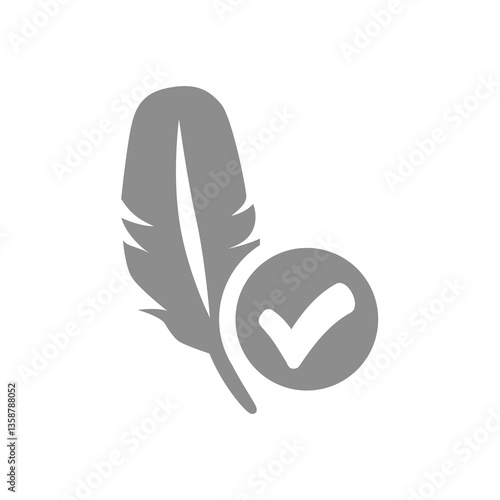 Feather and checkmark, soft and softness vector. Lightweight or light, hypoallergenic material or fabric.	