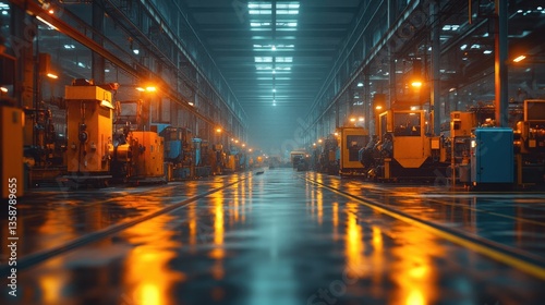 In a manufacturing plant, heavy machinery is at work, highlighting the power and efficiency of industry with gleaming metallic surfaces.