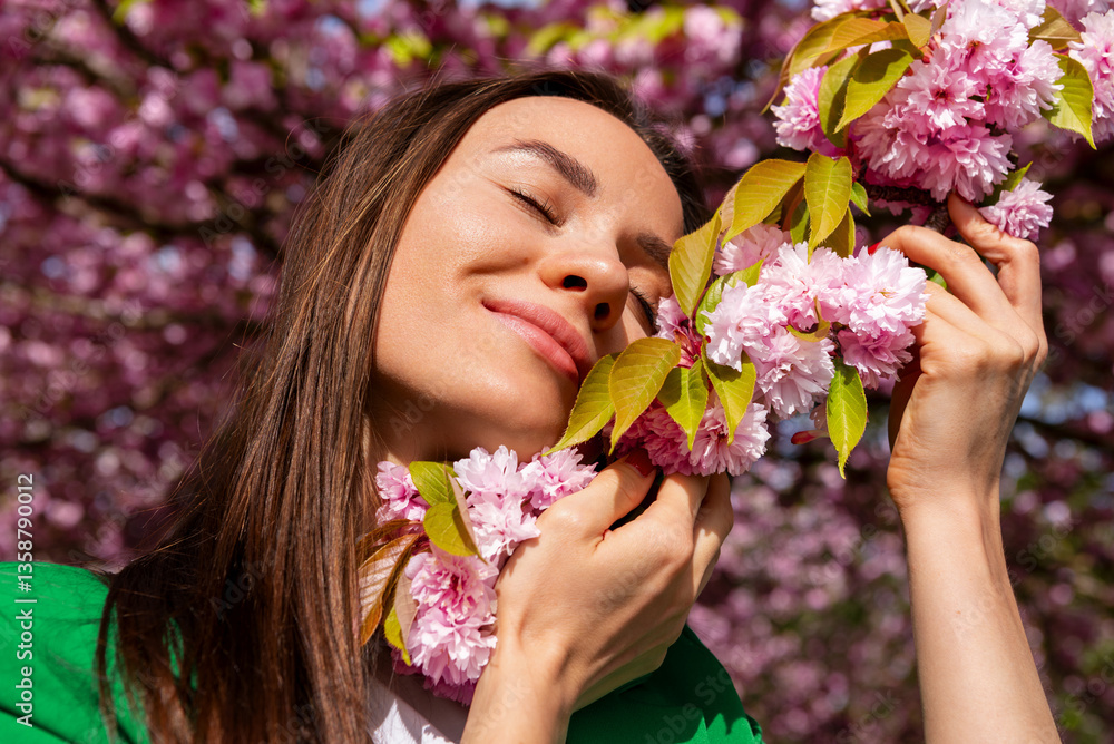 Fototapeta premium Happy smiling woman enjoys the softness of cherry tree flowers