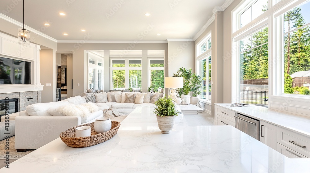 Open-plan luxurious white kitchen and living room seamless design with marble countertops, plush seating, and soft natural light creating an airy atmosphere. Open-plan luxurious white kitchen and living room seamless design with marble countertops, plush seating, and soft natural light creating an airy atmosphere.