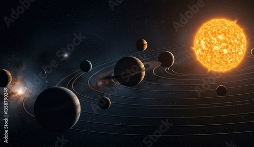 A planetary system featuring several planets and a bright sun, 