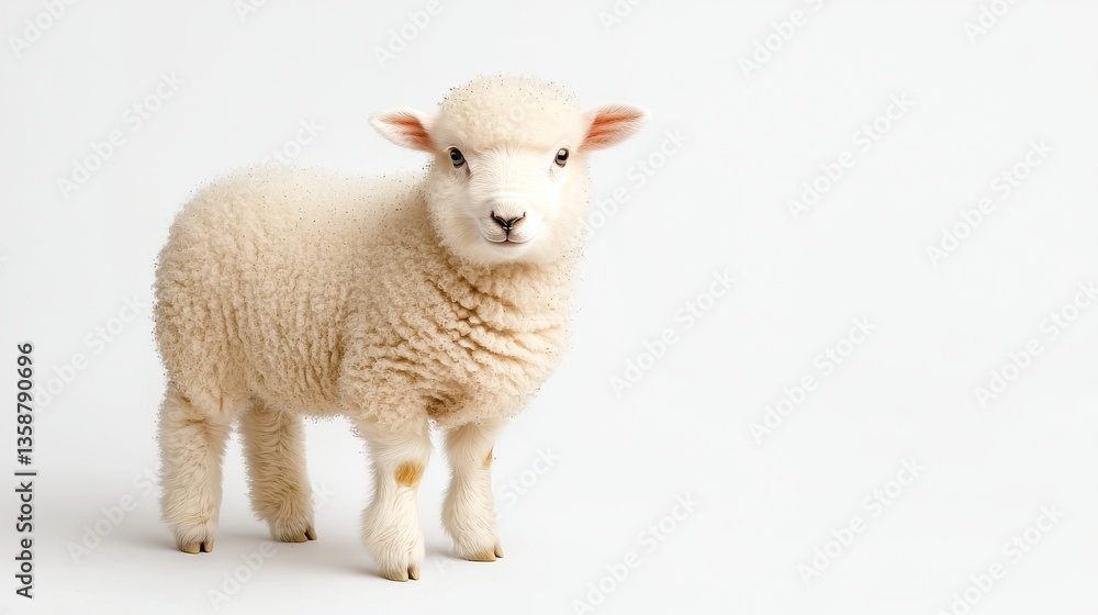 Fototapeta premium Adorable Fluffy Lamb Standing on White Background Cute Farm Animal Portrait