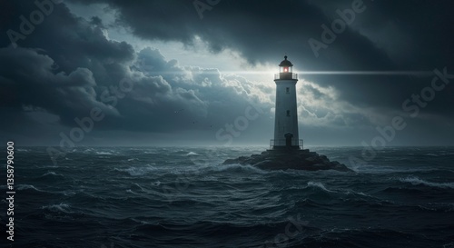 Dramatic Lighthouse Beacon Shining Brightly Through a Dark Stormy Sea at Night