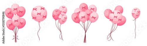 Set of whimsy glossy cartoon balloons girly with bow decoration flying up