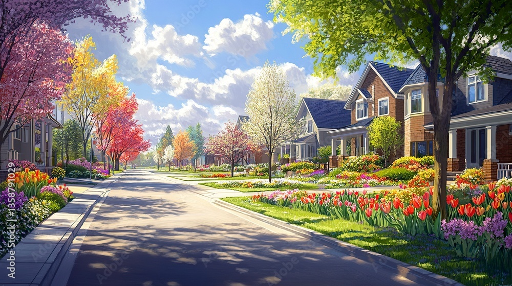 Picturesque suburban street with rows of modern houses vibrant tulips and daffodils lining the driveways sunlight filtering through budding trees.