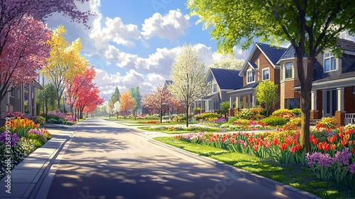 Obraz na płótnie Picturesque suburban street with rows of modern houses vibrant tulips and daffodils lining the driveways sunlight filtering through budding trees. w salonie