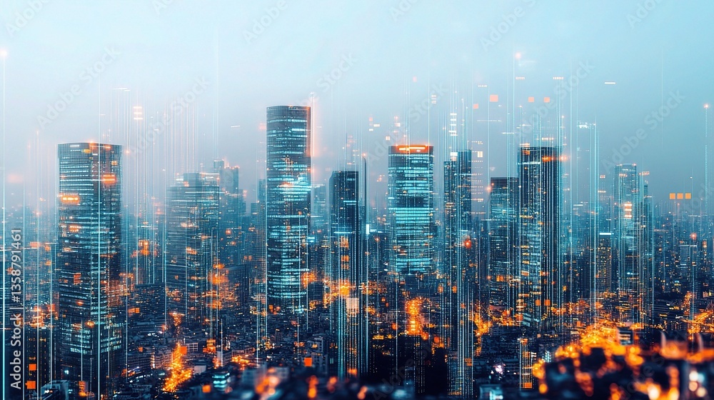 Fototapeta premium Futuristic Skyline with Smart Buildings and AI Integration Concepts