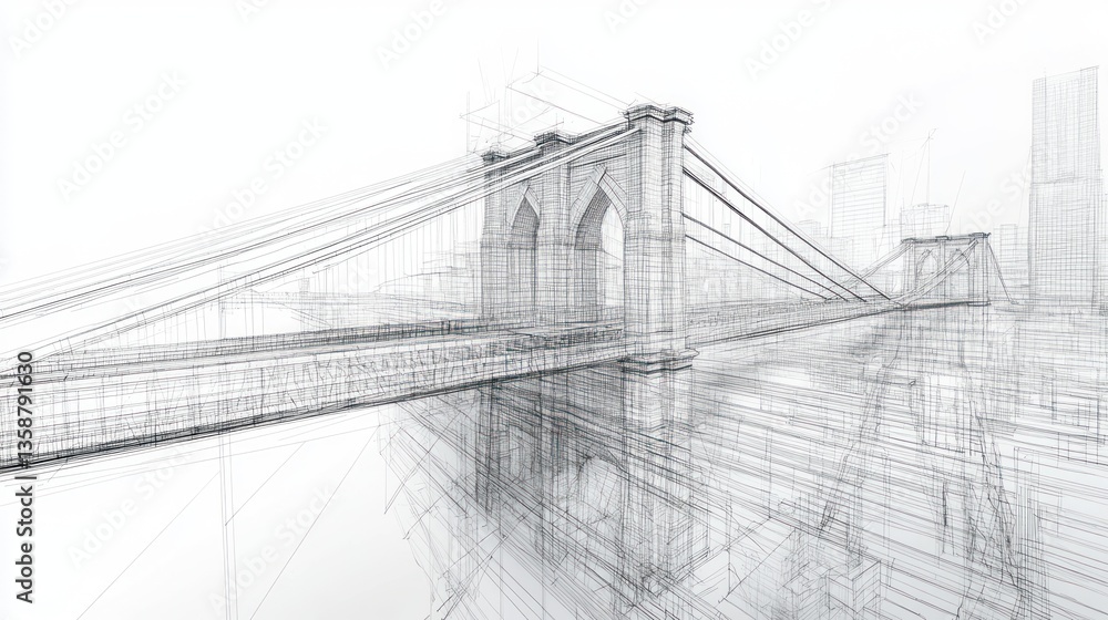 Fototapeta premium Architectural sketch of Brooklyn Bridge, city skyline