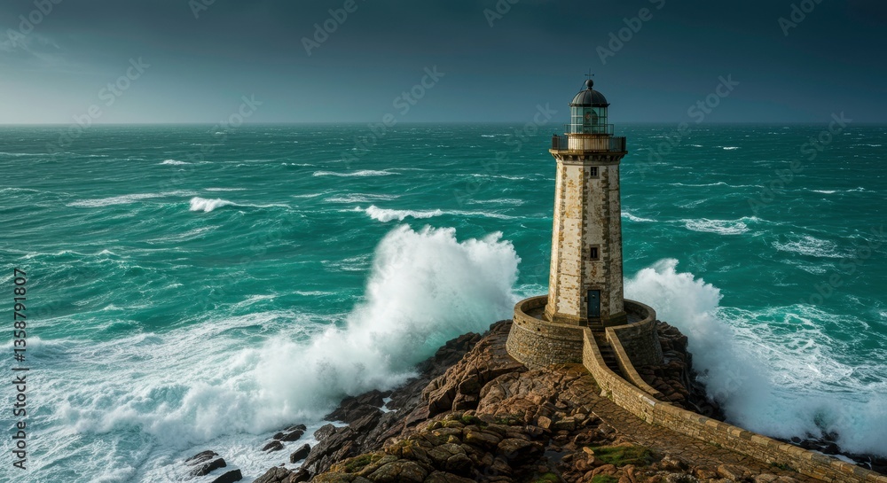 Obraz premium Dramatic Lighthouse on Rocky Coast with Powerful Ocean Waves Crashing