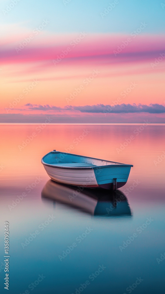 Fototapeta premium A small boat floats serenely on a calm body of water at sunset, reflecting the pastel colors of the sky.