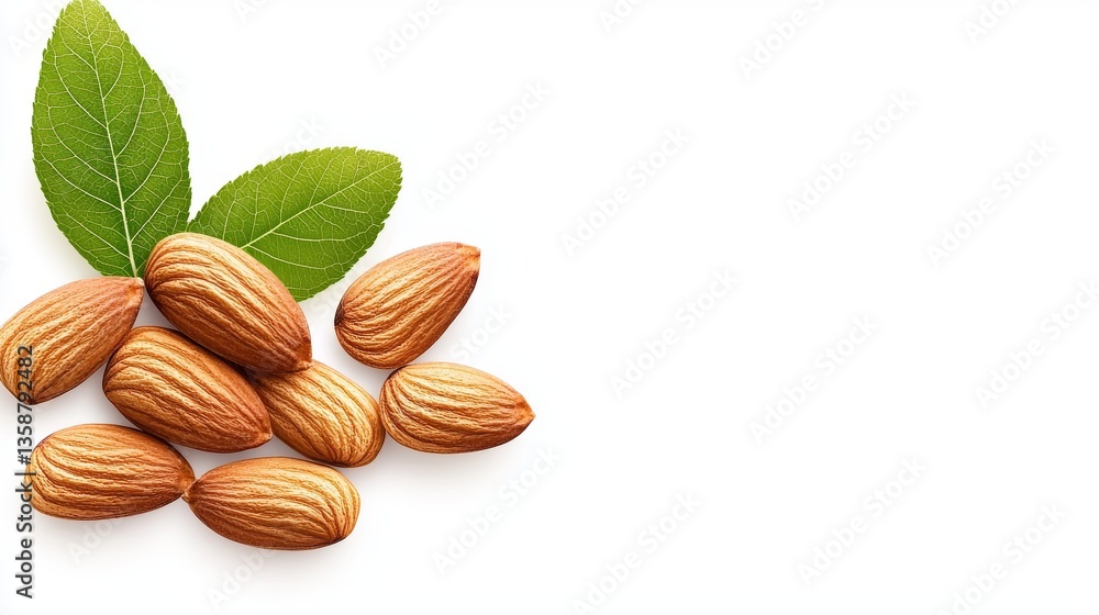 Fresh Almonds with Green Leaves on White Background Healthy Snack Food Fresh Almonds with Green Leaves on White Background Healthy Snack Food