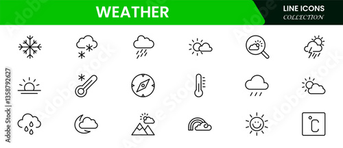 Weather icon set. Containing temperature, sun, rain, snow, cloud, humidity, summer, winter, spring, cloudy and rainy season. Climate symbol.