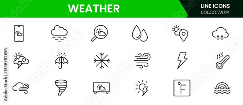 Weather icon set. Containing temperature, sun, rain, snow, cloud, humidity, summer, winter, spring, cloudy and rainy season. Climate symbol.