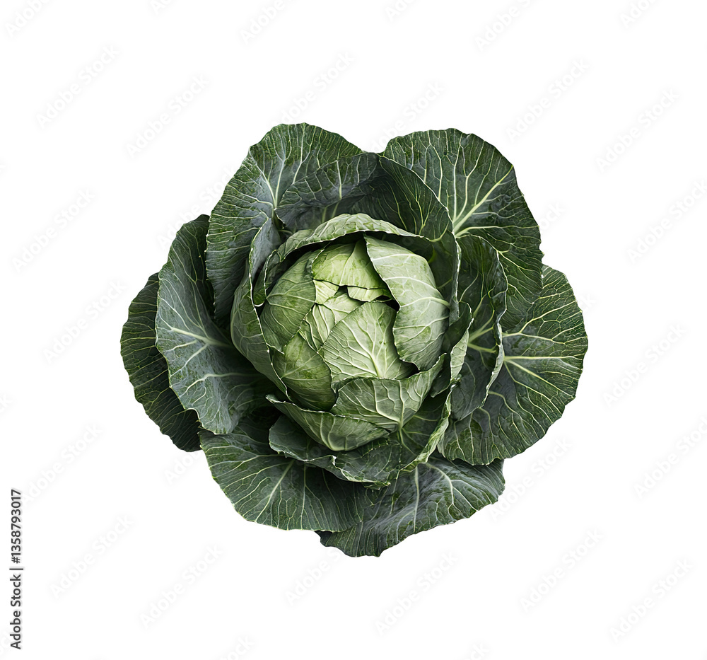 Fototapeta premium Fresh green cabbage head, isolated on transparent cutout background