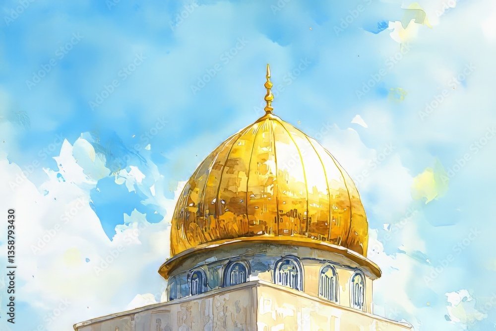 Obraz premium Watercolor painting of a golden mosque dome shining under a soft blue sky. Gentle sunlight reflects off its smooth surface, on isolated white background