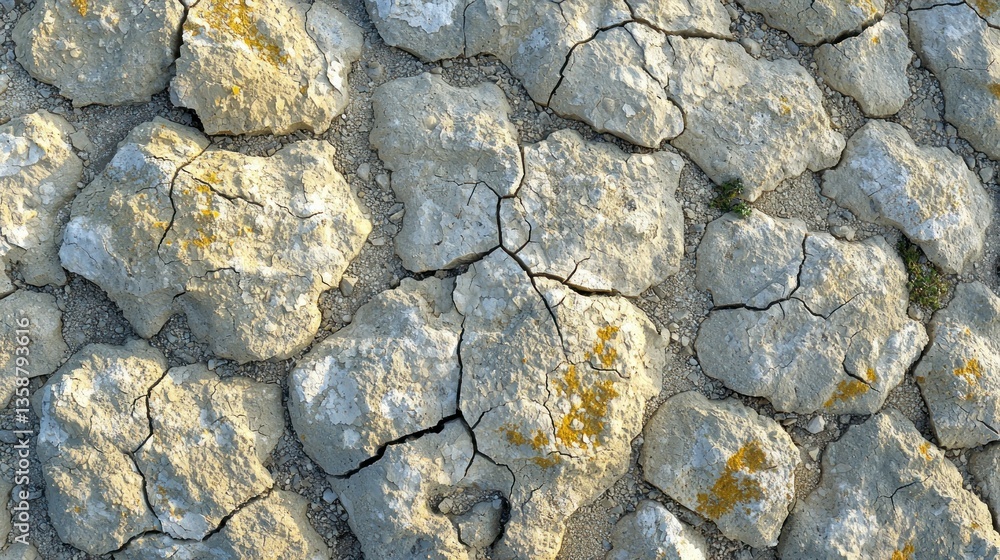 Fototapeta premium Dry cracked earth surface with yellow lichen patches