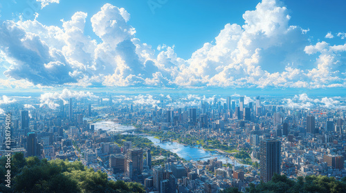 Fototapeta Naklejka Na Ścianę i Meble -  A panoramic view of a sprawling city under a vibrant blue sky with fluffy white clouds.