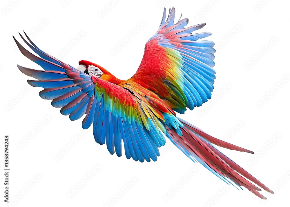 Fototapeta premium Colorful parrot flying with wide-spread wings, isolated on transparent cutout background