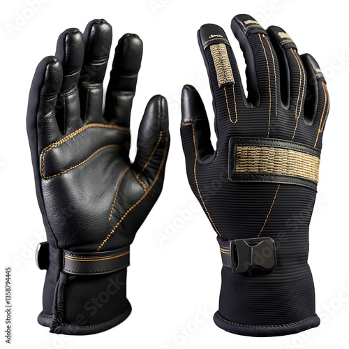 a pair of durable leather work gloves with reinforced knuckles and palm, detailed metal hardware, rugged construction suitable for heavy duty tasks, gritty industrial aesthetic
