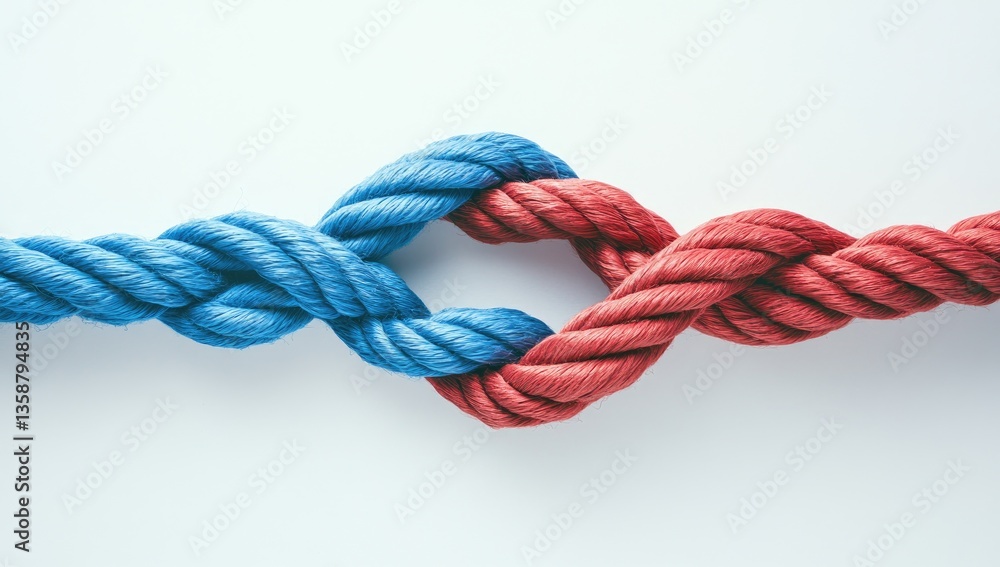 Two intertwined ropes, blue and red, create a strong knot. A symbol of unity, connection, or collaboration Two intertwined ropes, blue and red, create a strong knot. A symbol of unity, connection, or collaboration