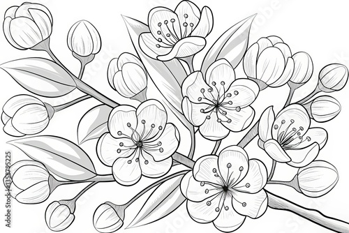 Wallpaper Mural Spring season theme, Delicate floral illustration featuring blossoms and buds on a branch. Outline for coloring. Torontodigital.ca