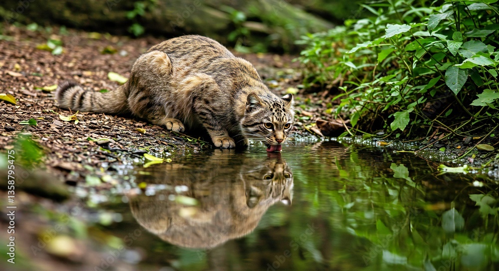 Fototapeta premium Photograph a Himalayan Cat Drinking From a Small, Clear Jungle Stream_