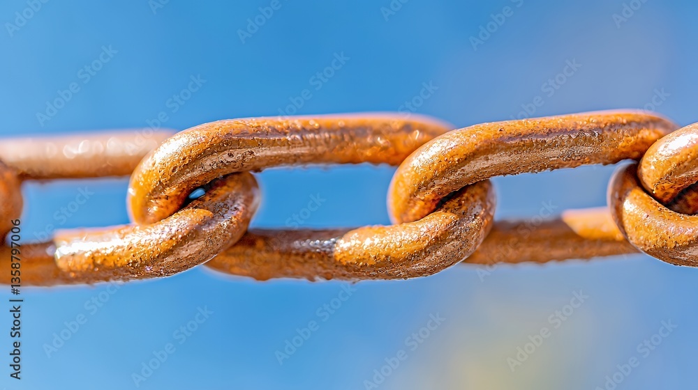 Rusty Metal Chain Links Against a Vibrant Blue Background for Strength and Connection Rusty Metal Chain Links Against a Vibrant Blue Background for Strength and Connection