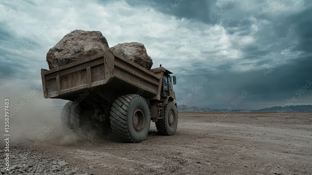 Obraz premium Heavy Dump Truck Transporting Large Rocks Across Dusty Terrain Under Dramatic Sky