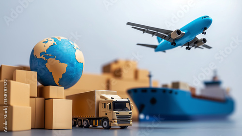 Global logistics and freight transportation concept with cargo truck, airplane, shipping container, and packages around a globe.  
